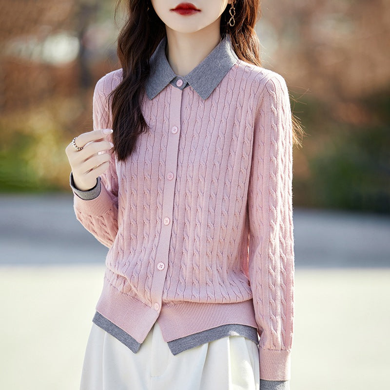 Women's Contrast Color Fashion Slim-fit Cashmere Lapel Sweater