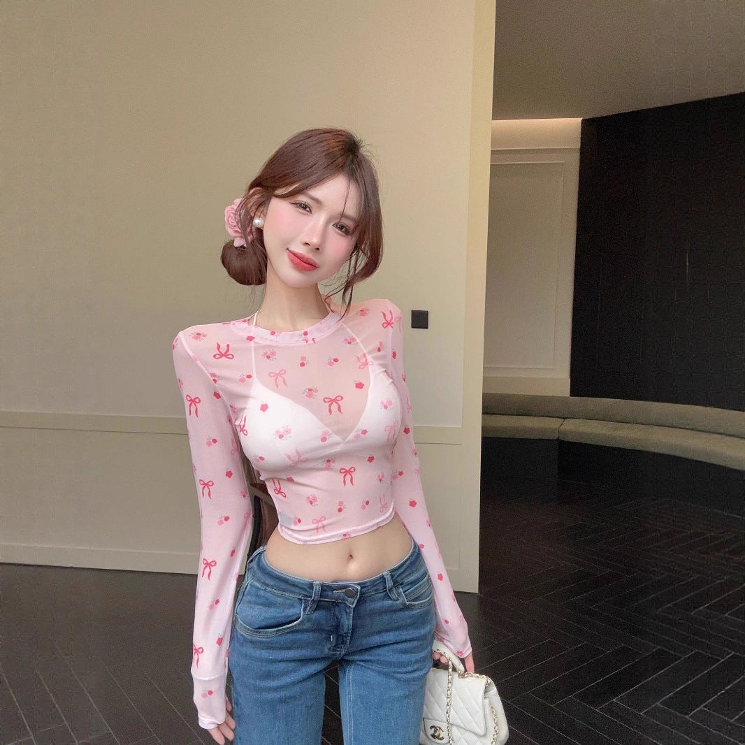 Sweet Cool Girl Dopamine Print Long Sleeve Mesh Top