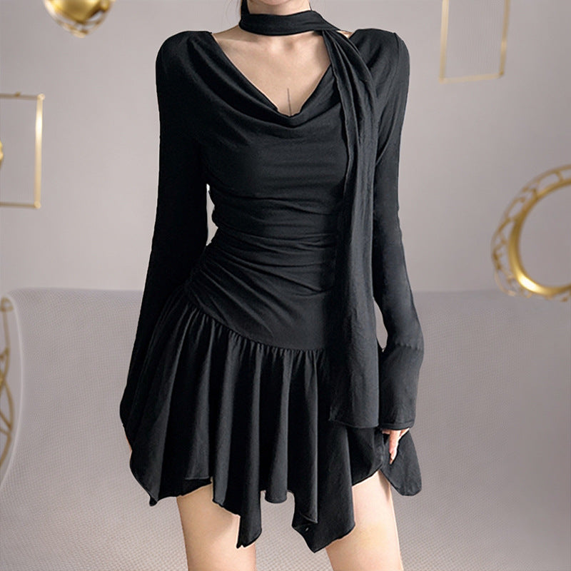 French-style Off-shoulder Pleated Halter-neck Long-sleeve Dress