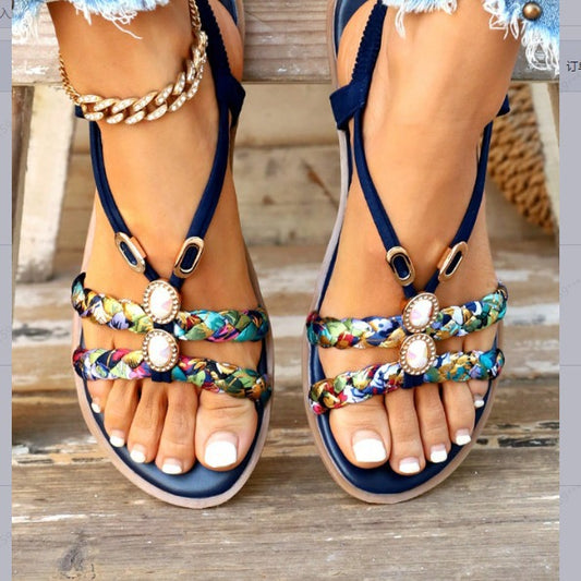 Round Head Woven Fashion Outdoor Sandals Flat Bottom Plus Size