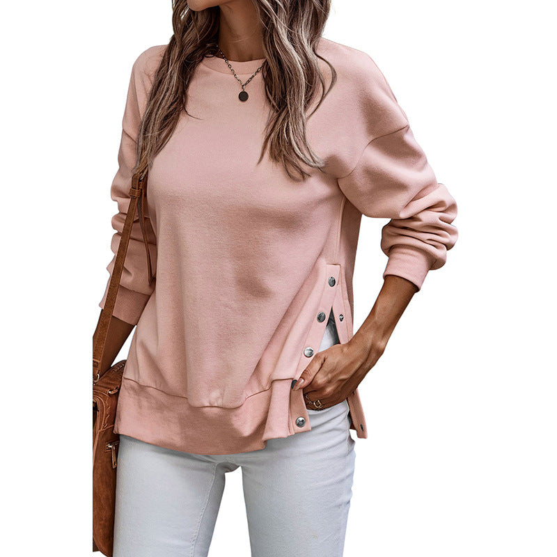 Solid Color Pullover Women's European And American Leisure Style Slit Loose Flab Hiding Long Sleeve Bathroom
