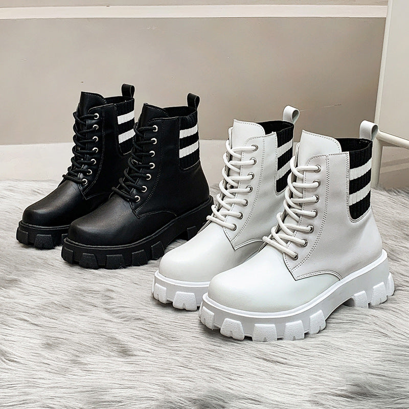 Women's Thick-soled Thick-heel Flying Knit Short Leather Boots