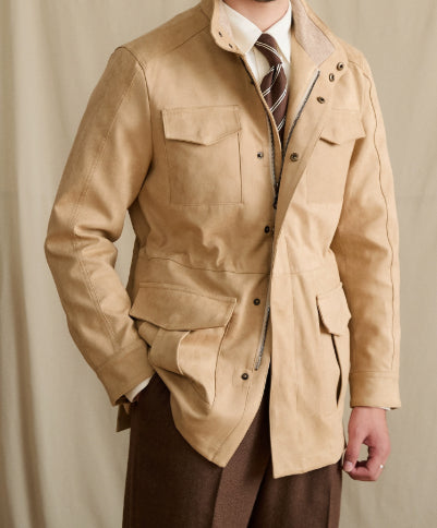 Stand Collar Faux Suede Slim Waist Safari Jacket Jacket