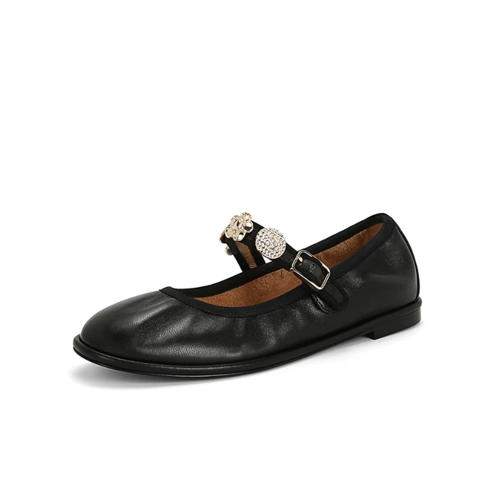 Classic Style Badge Buckle Ballet Shoes Women's Shoes Flat Genuine Leather Mary Jane Shoes