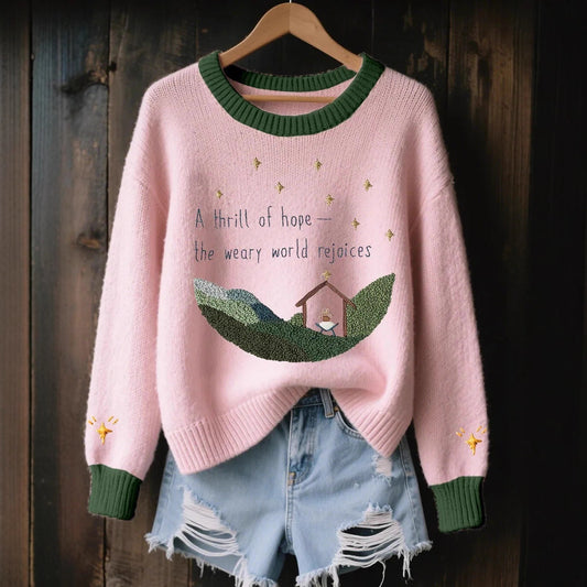 3D Digital-Print Womens Crew-Neck Loose Retro Jacquard Pullover Sweater