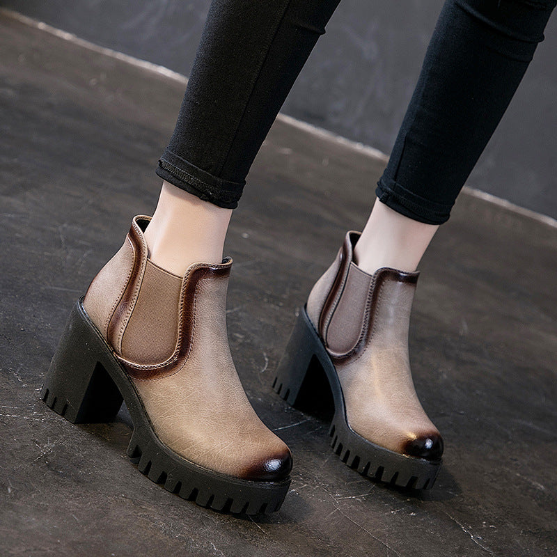 British All-match Leather Shoes Thick Heel Women's Casual High Heels
