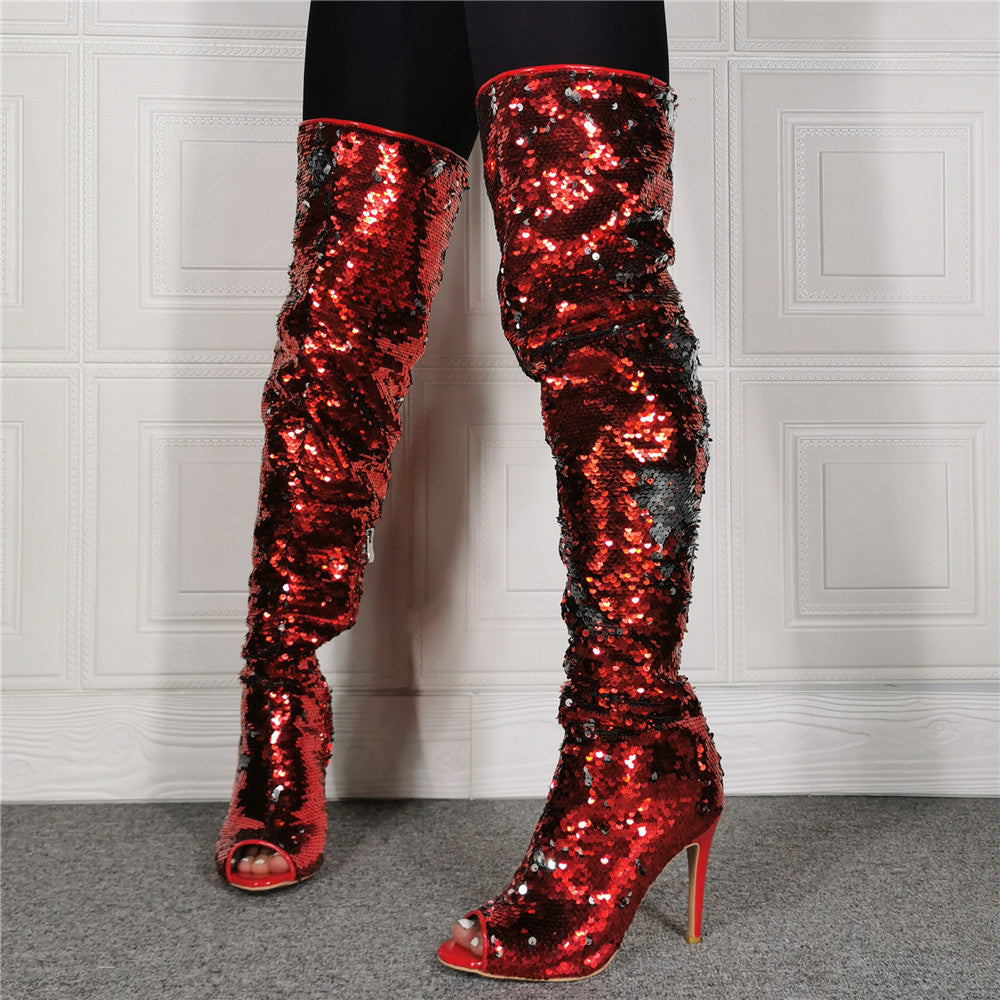 Women's Fashion Fish Mouth Sequin High Heel Over Knee Boots