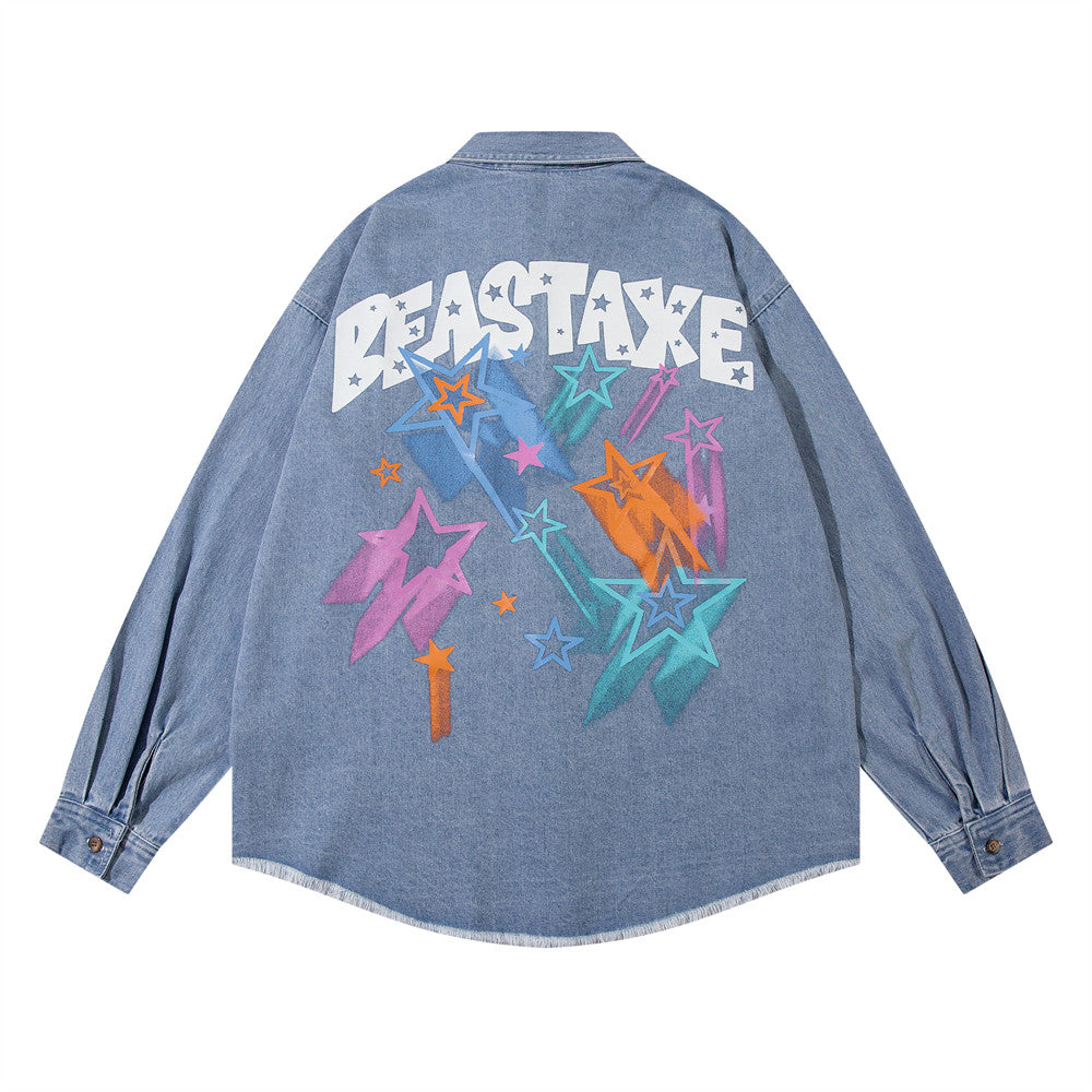 Design Five-pointed Star Graffiti Printing Denim Shirt