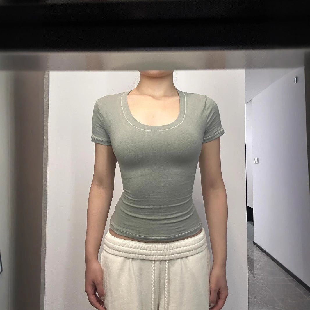 American Hot Girl U-collar Tight Waist Sports Shoulder Short Sleeve