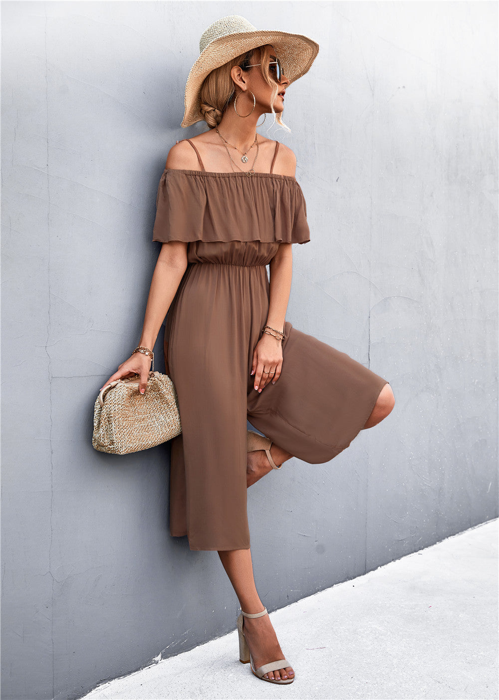 Solid Color One-Shoulder Loose Casual Sling Jumpsuit