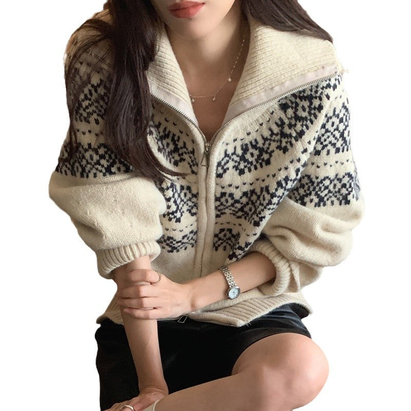 Jacquard Weave Zip Knitted Cardigan Sweater Coat For Women
