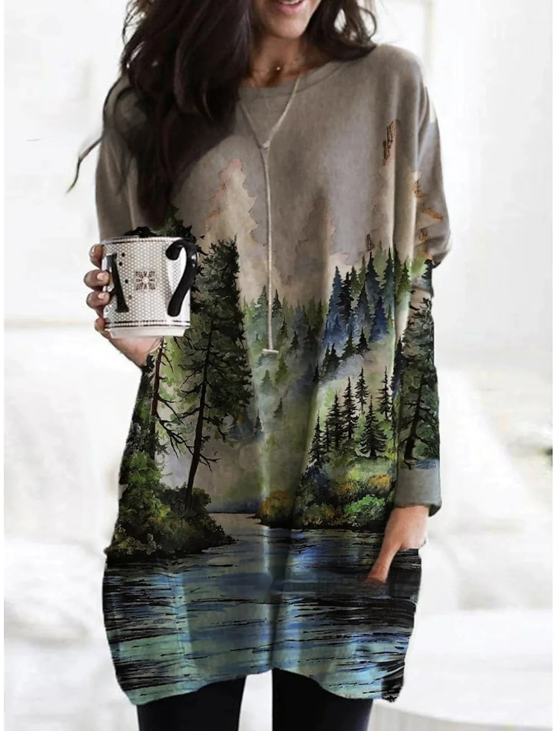 Women's Round Neck Mid-length Long-sleeved T-shirt With Pockets