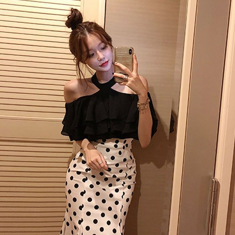 Summer New Elegant Halter Off-shoulder Ruffled Off-the-shoulder Top