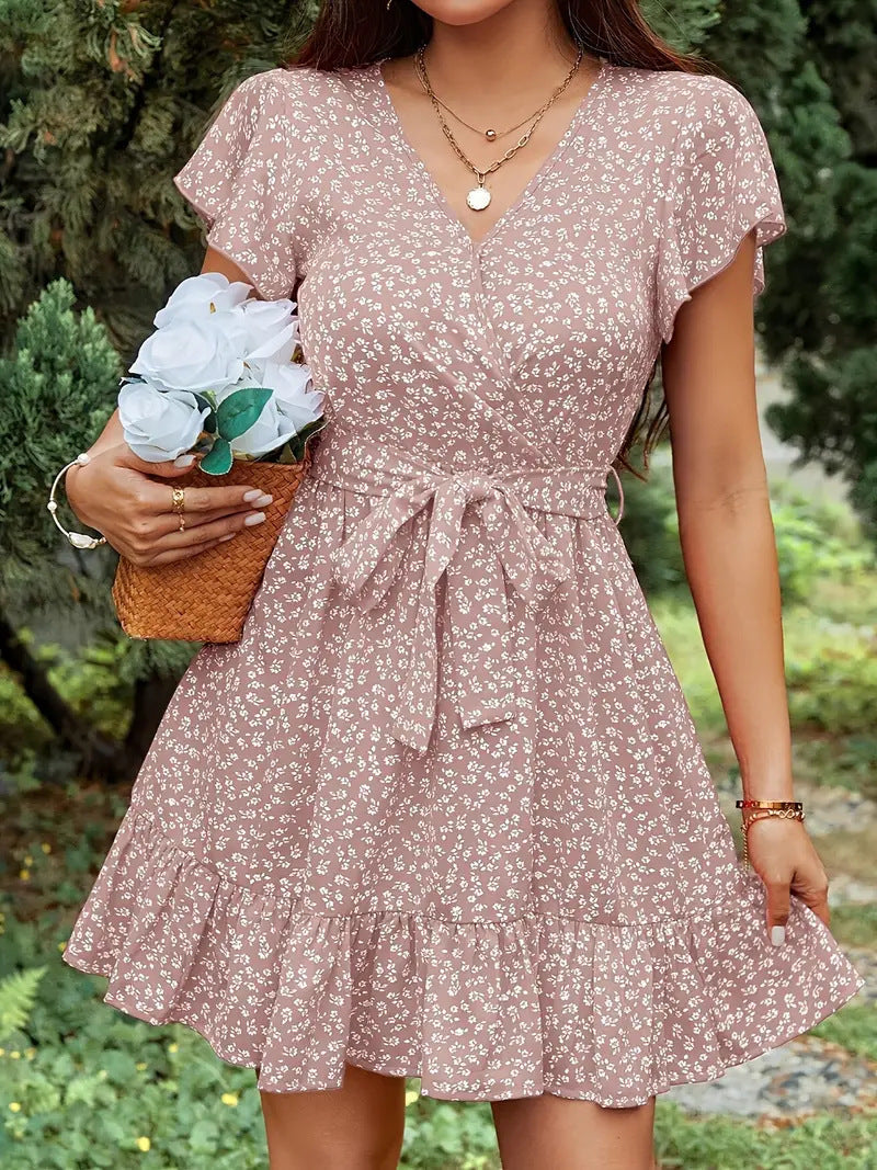 French-style High-waisted Floral-print Lace-up V-neck Short-sleeve Dress