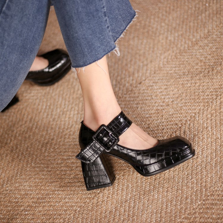 Embossed Cowhide High Heels Women's Thick Heel