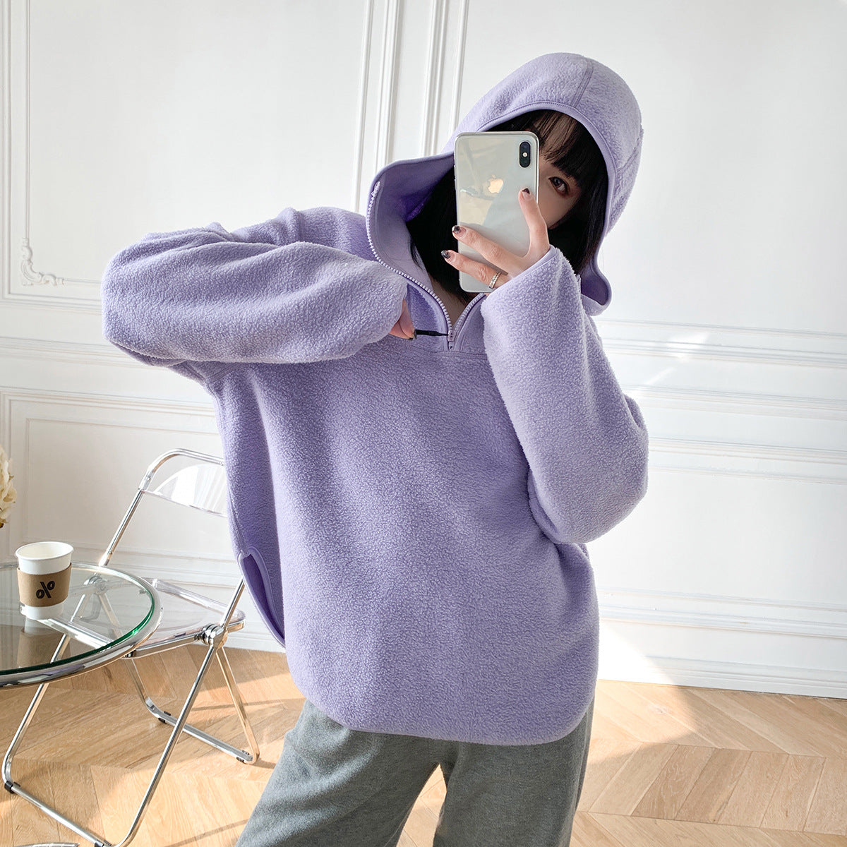 Tynd Hættetrøje Løs Langærmet Sportsfleece