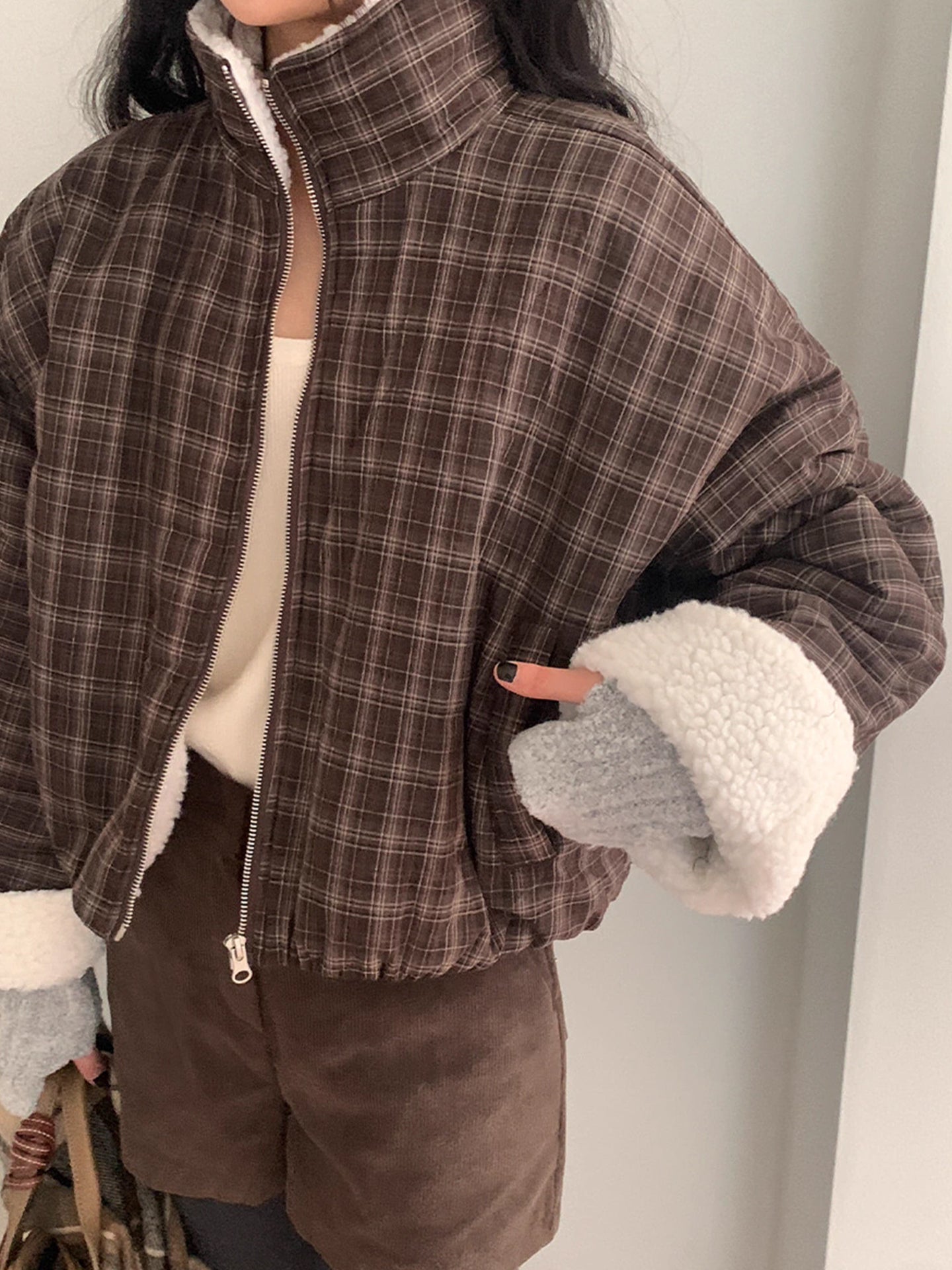 Women's Long-sleeved Lamb Wool Plaid Cotton-padded Jacket