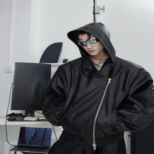 Zipper Hooded PU Leather Coat Loose Machete Sleeve Design Jacket
