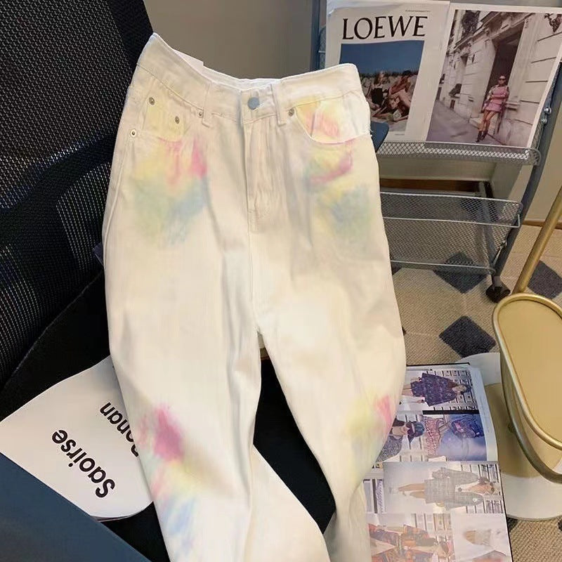 Retro Tie-dye Graffiti Straight High Waist Jeans For Women