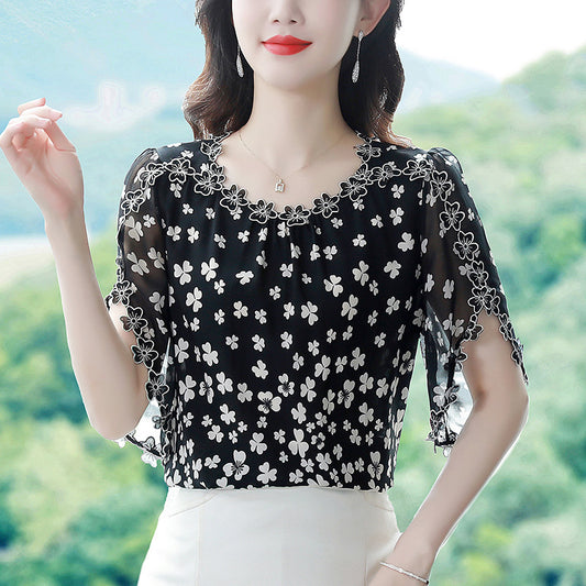 Embroidery Floral Shirt Fashion Chiffon Short Sleeve