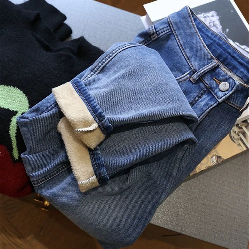 Fleece  And Thick Blue High-waisted Daddy Jeans For Children Fall Winter
