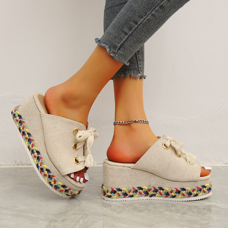 Women's Straw Woven Wedge Color-block Lace-up Slippers