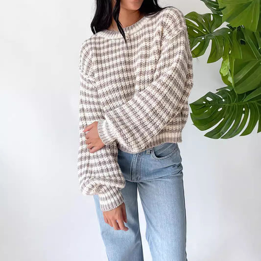 Vintage Stripe Knitted Round Neck Outerwear Loose Contrast Color Sweater