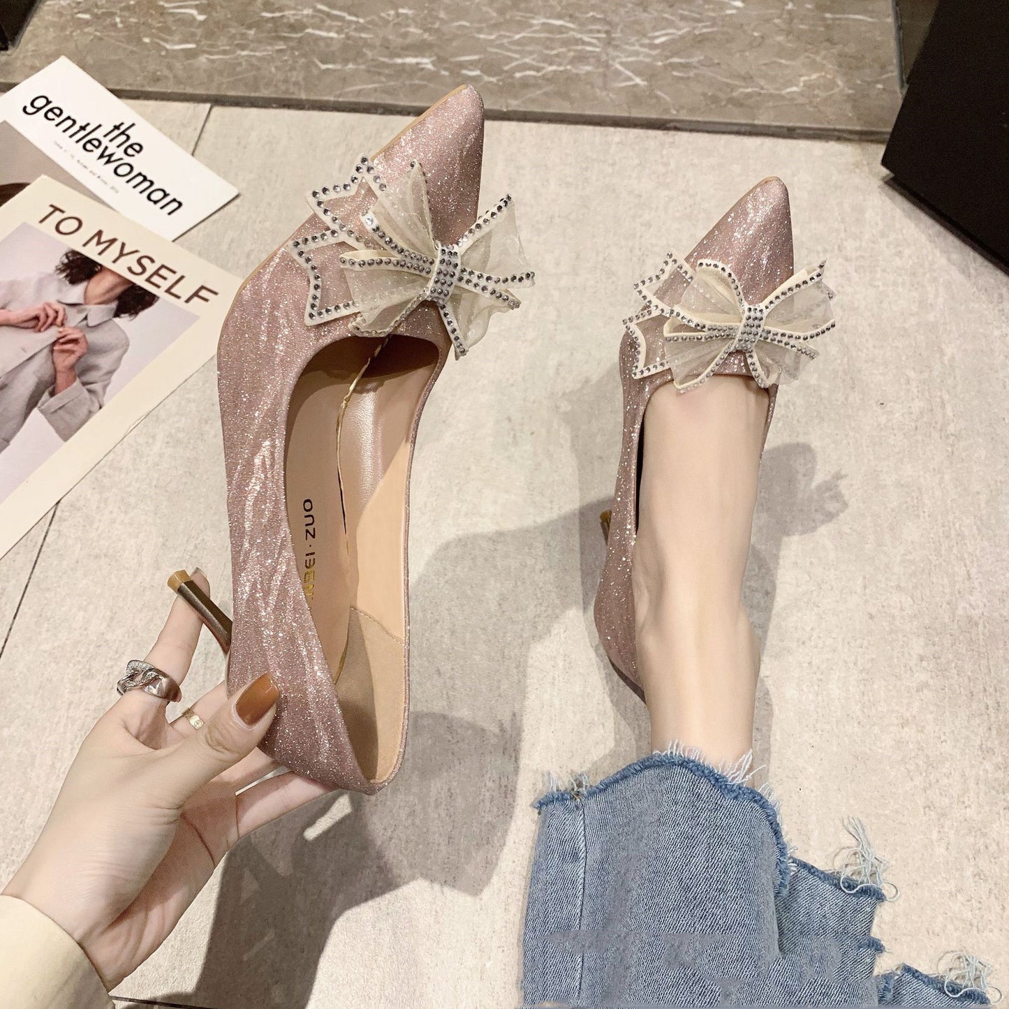 Pointed Toe Bow Knot Baotou Rhinestone Stiletto Crystal Bridesmaid Shoes High Heels