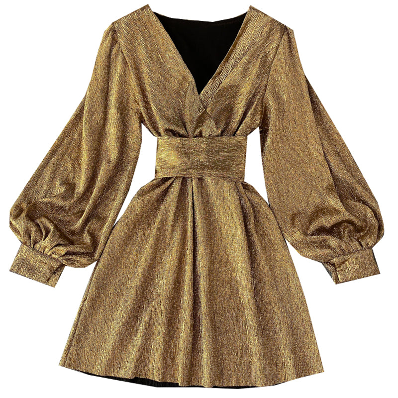 New Spring Summer V-neck Lantern-Sleeve Gold Metallic Sheer Waist-Cinched Dress