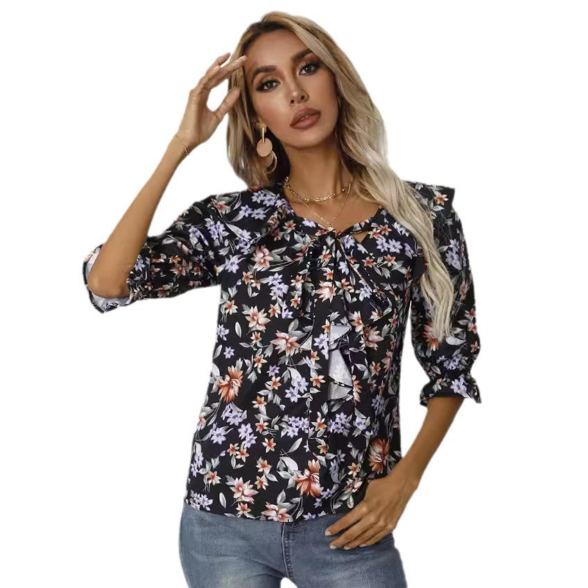 V-neck Printed Half-sleeve Shirt