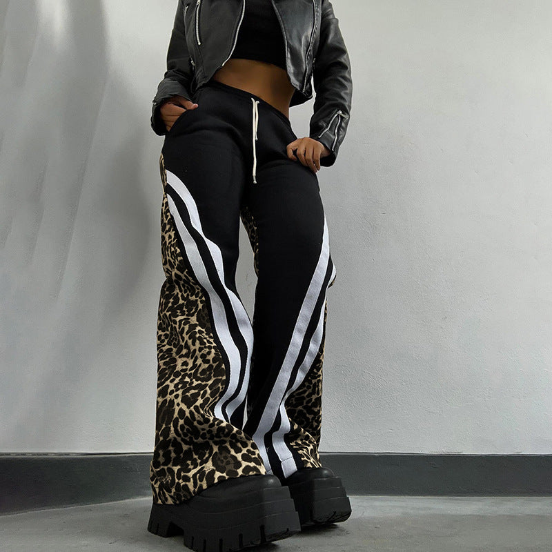 Printed Striped Color Matching High Waist Loose Trousers For Women