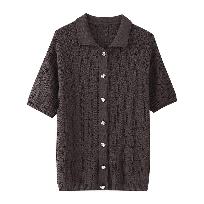 Fashion Texture Knitted Slim Straight Lapel Short Sleeve Trousers