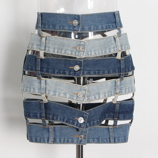 Sexy Hot Girl Color Contrast Patchwork Hollow Out Buckle A- Line Skirt