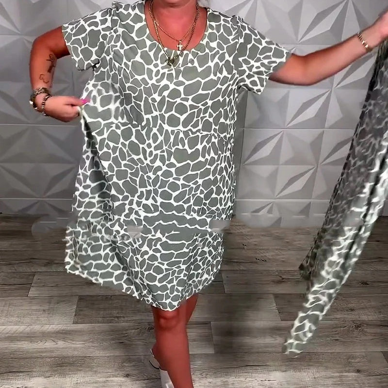 Printed Crew-Neck Loose Casual Stylish Short-Sleeve Comfortable Relaxed-Fit Dress