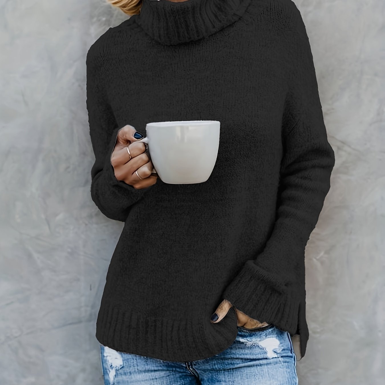 Europæisk og amerikansk langærmet rullekrave-sweater til kvinder i ensfarvet