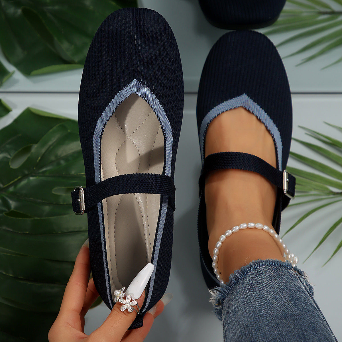Flat Flying Woven Square Toe Low-cut Shoes