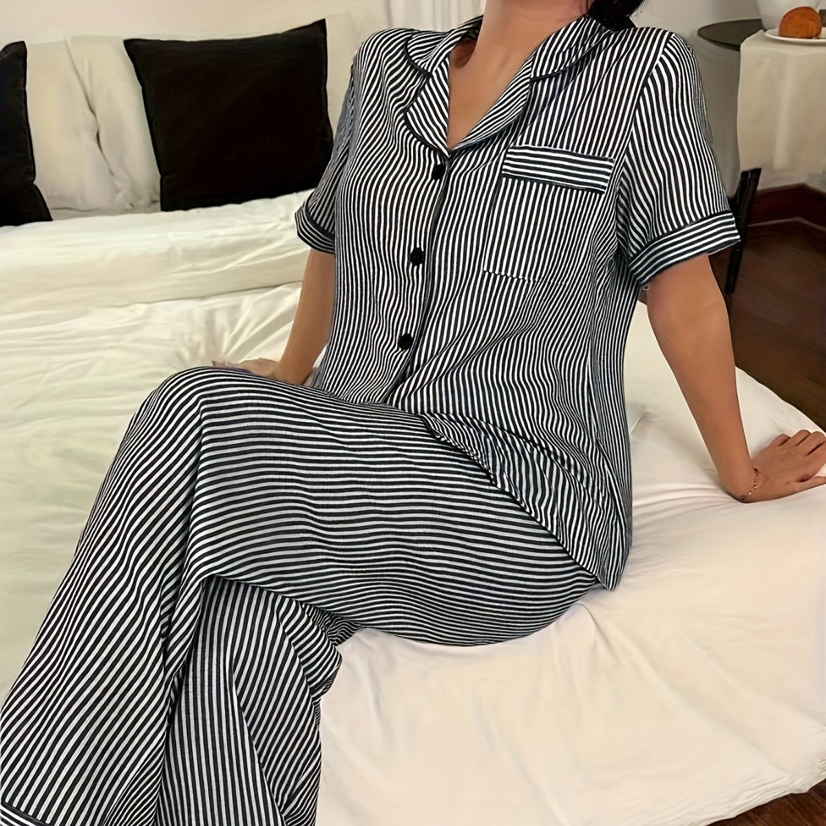 Womens Comfortable Striped Short-Sleeve Top And Pants Pajama Set