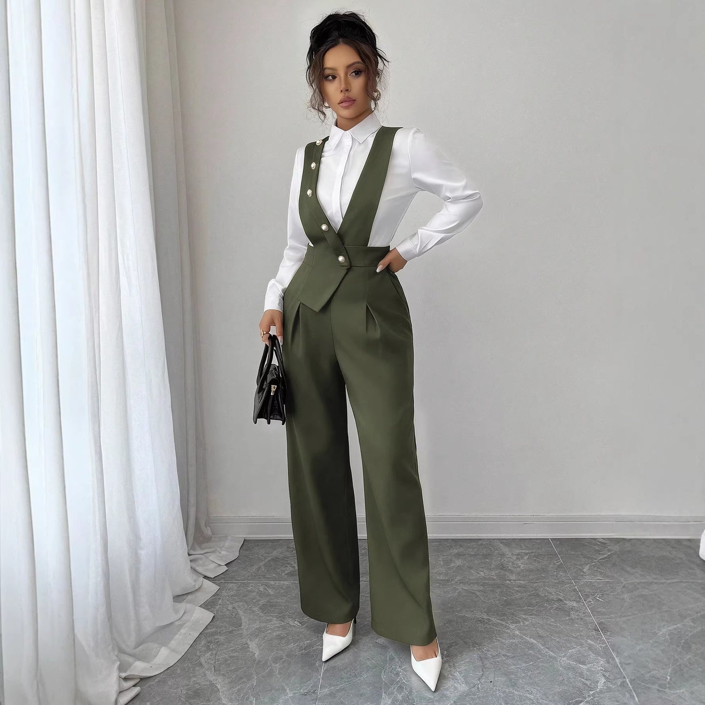 Fashionable Commuter Solid-Color Slim-Fit Sleeveless Suspender Jumpsuit