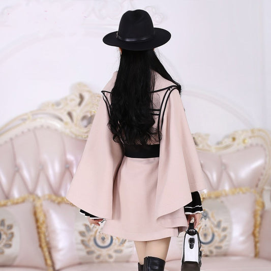 Beige Black Side Bat-shaped Cloak Cloak Top Woolen Coat Female Autumn Bat Sleeves