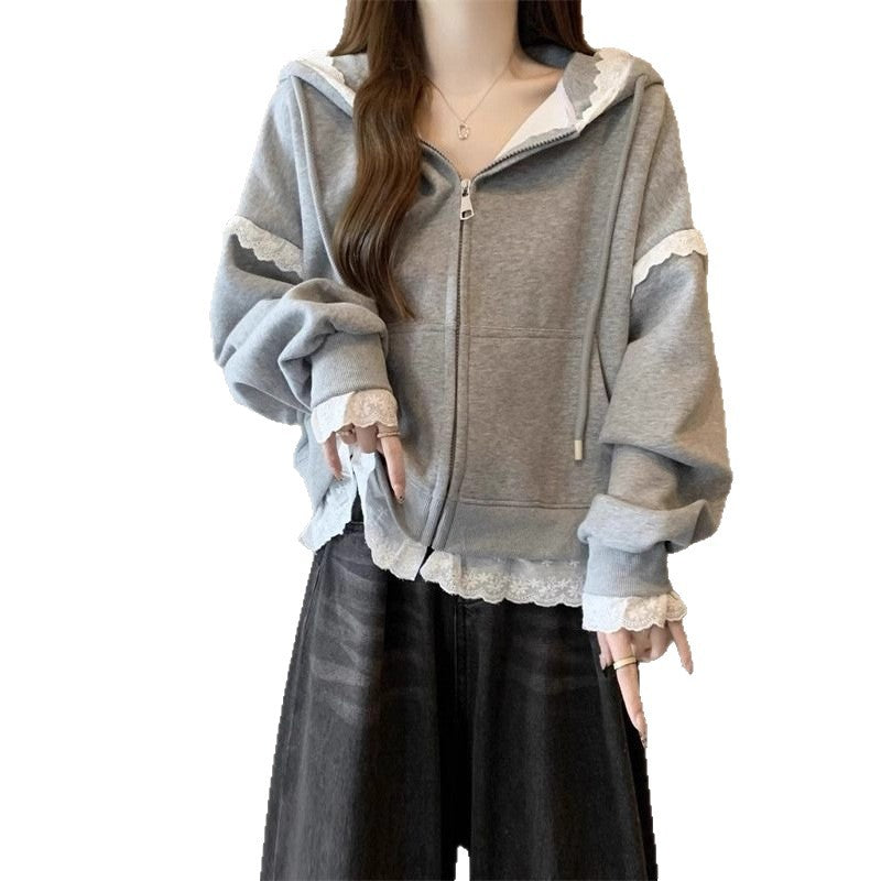 Women's Sweater With Lace Trim And Zipper