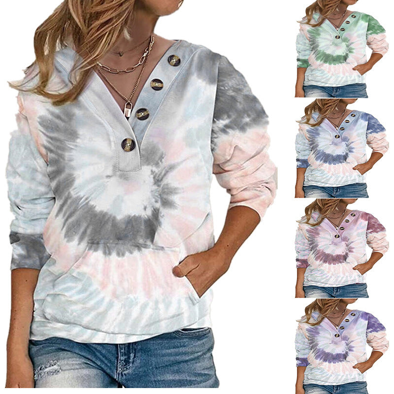 Løs tie-dye printet langærmet trøje med knapper til kvinder