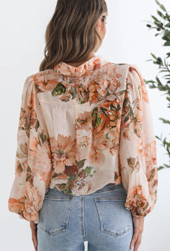 Brown Floral Puff Sleeve Lightweight Shirt