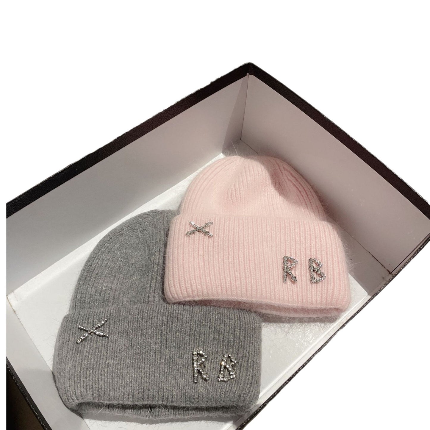 Winter RB Letter Fashion Rabbit Fur Knitted Warm Hat Female