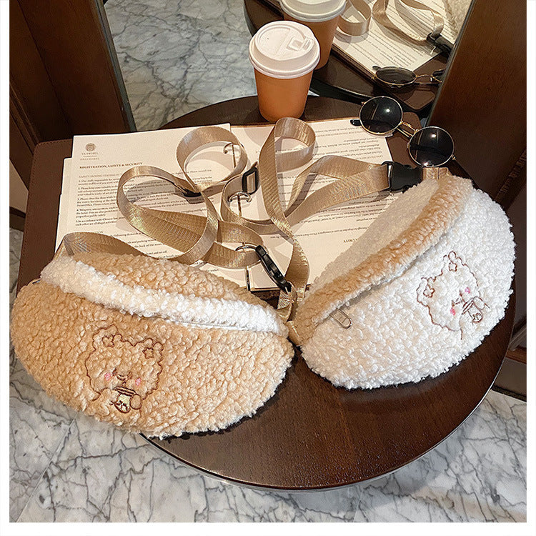 One Shoulder Crossbody Cute Cartoon Embroidery Bear Lamb Wool