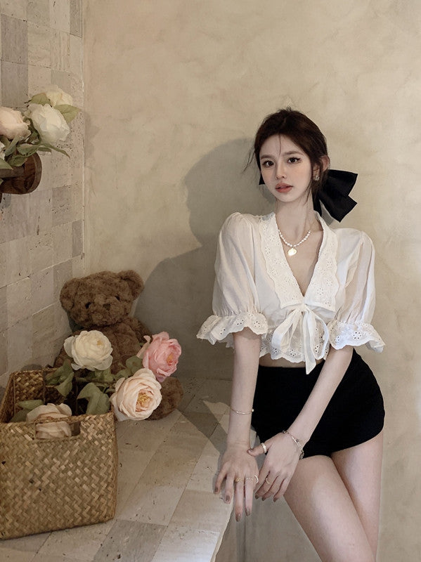 Women's French V Neck Ruffle Short Sleeve Shirt