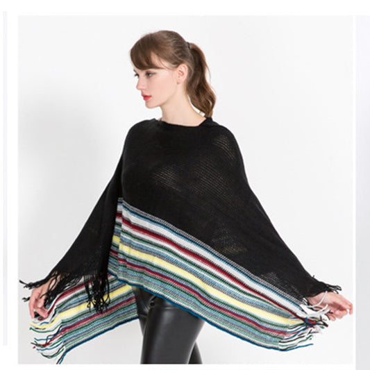Warp-knitted Color Block Jacquard Striped Pullover Shawl