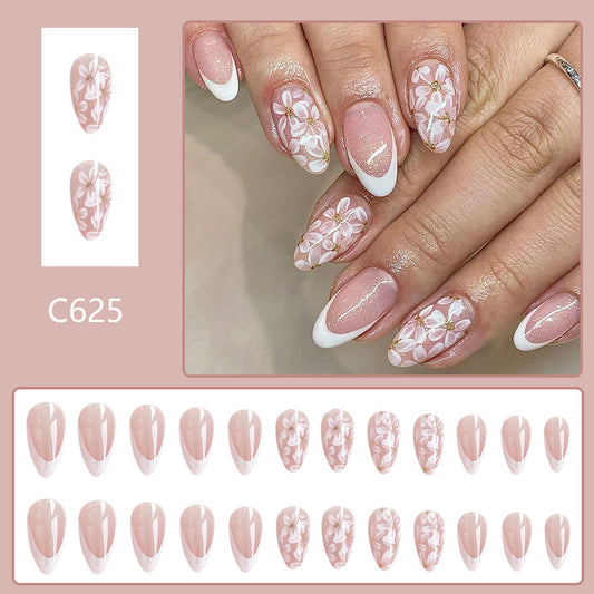 Short Glossy Almond Nail French Style Temperament Glittering Powder Flower Removable