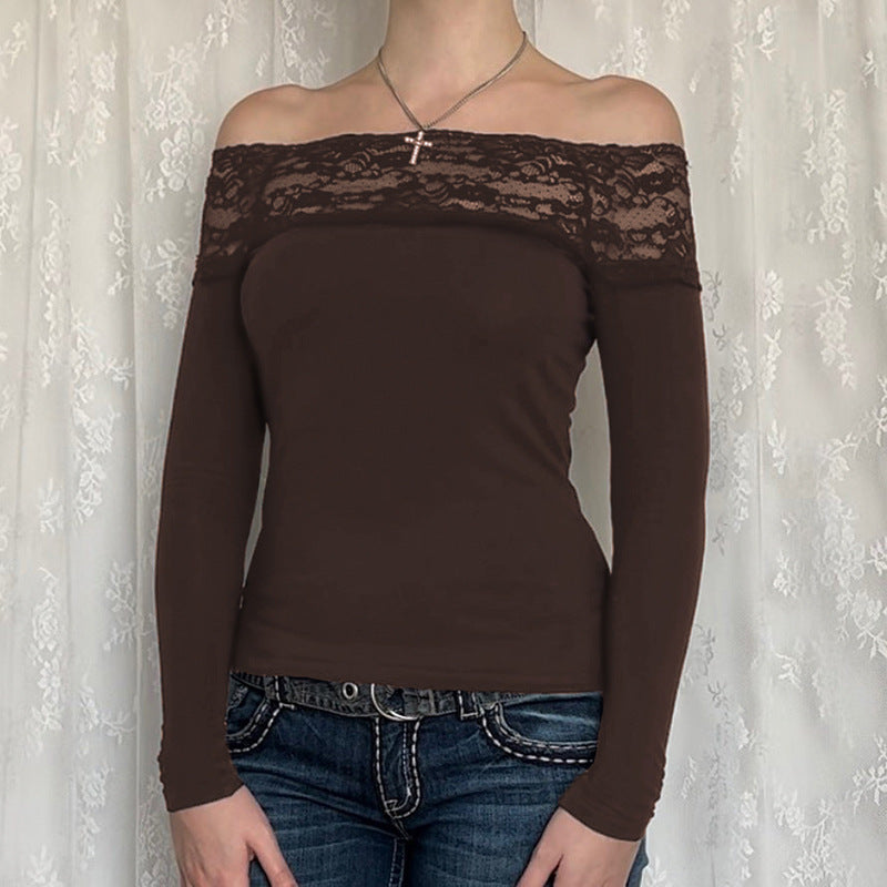 Sexy Off-the-Shoulder Lace-Panel Long-Sleeve Top