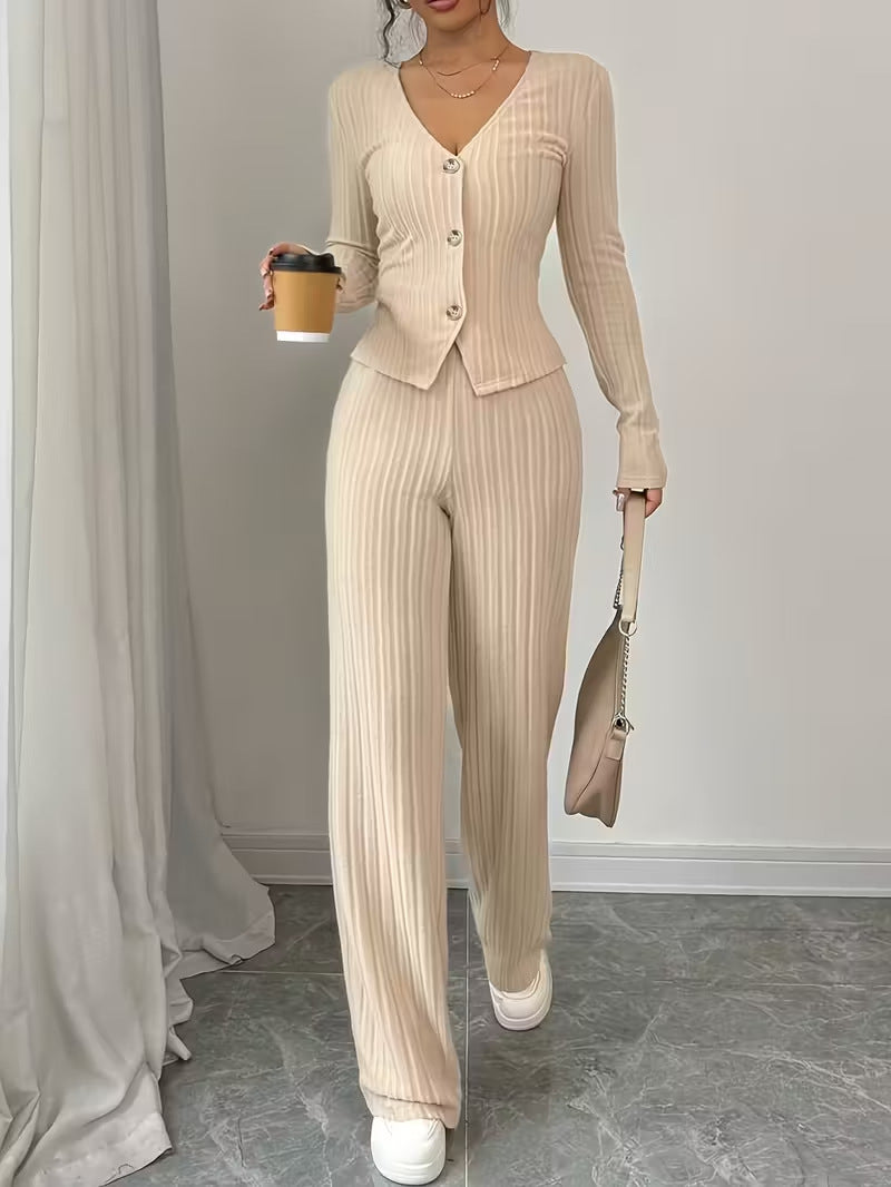 Casual Chic Ribbed Long Sleeve Wide Leg Pants Set