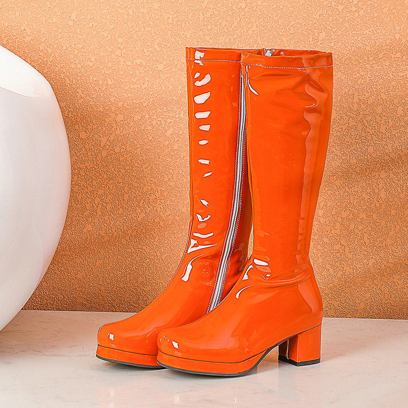 Chunky Heel Women's Mid Heel Boots Patent Leather High Leg Boot Square Toe Boots